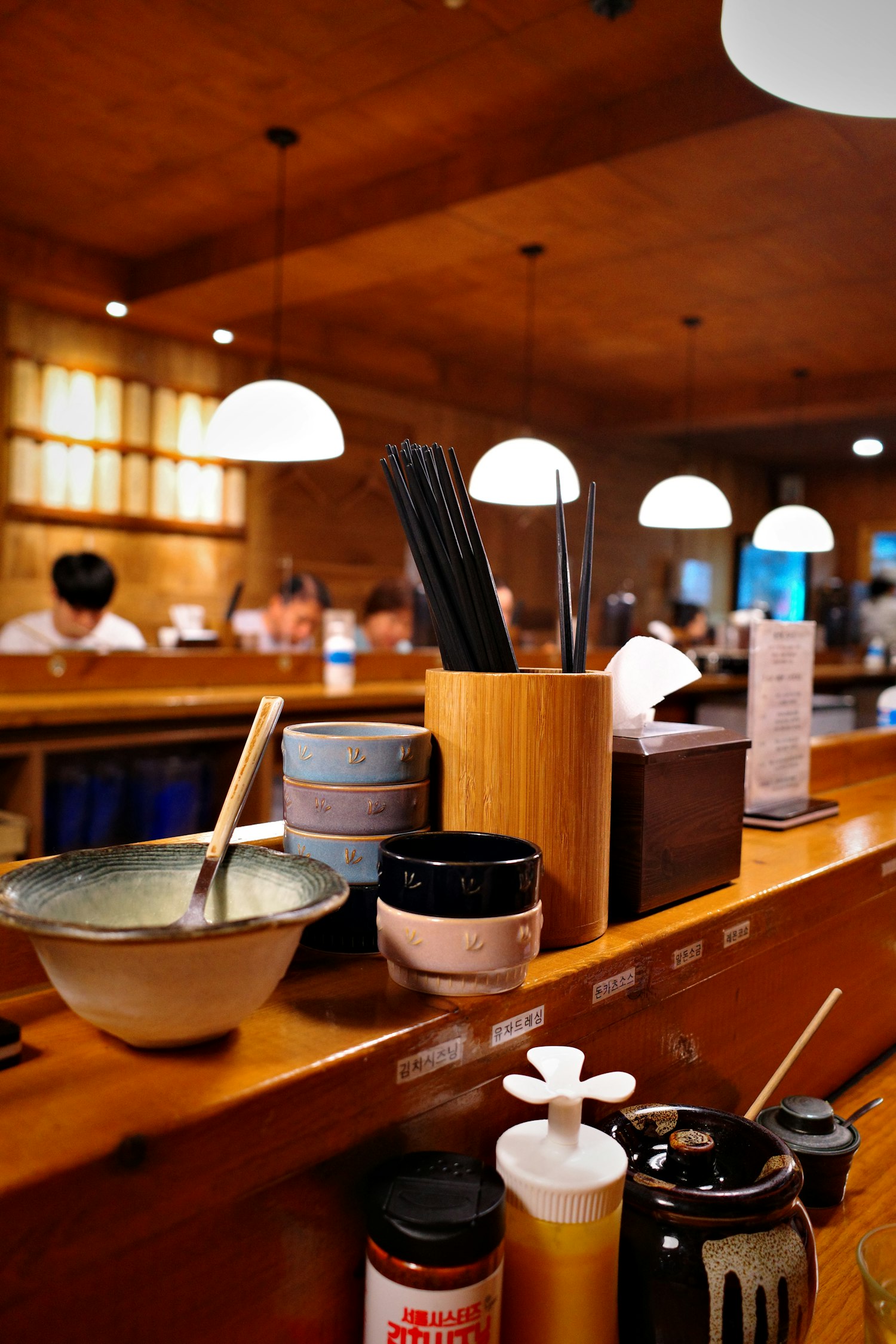 The warm, low-lit dining room